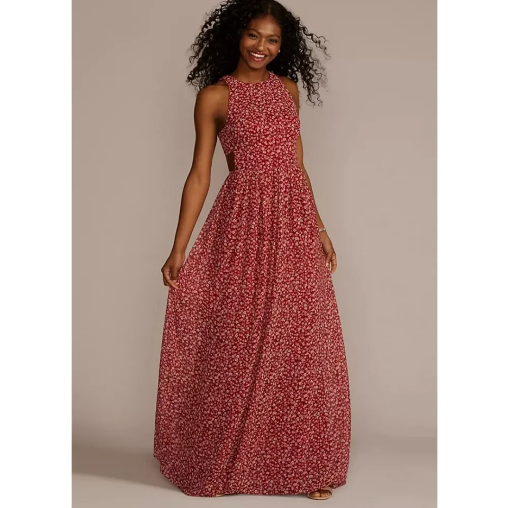 DAVID'S BRIDAL: NWT Floral Printed Chiffon A-Line Dress - Picture 1 of 9